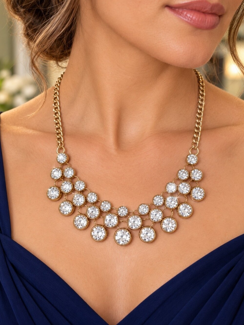 Mermaid Bubble Rhinestone Crystal Clear Gold Tone Bib Necklace Costume Jewelry